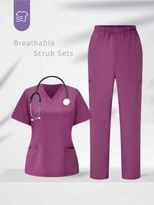 TaskEZ Scrubs Set: V-Neck Short Sleeve Top & Pants Scrub Uniform For Healthcare Workers - Red Violet - View 1