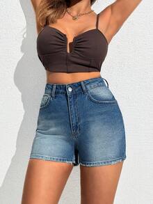EURMUSE Women's High-Rise Casual Washed Raw Hem Denim Shorts With Pockets - Blue - View 6