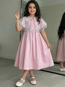 SHEIN Tween Girl Elegant Floral Beaded Fringe Poncho & Dress Set - Khaki - View 1