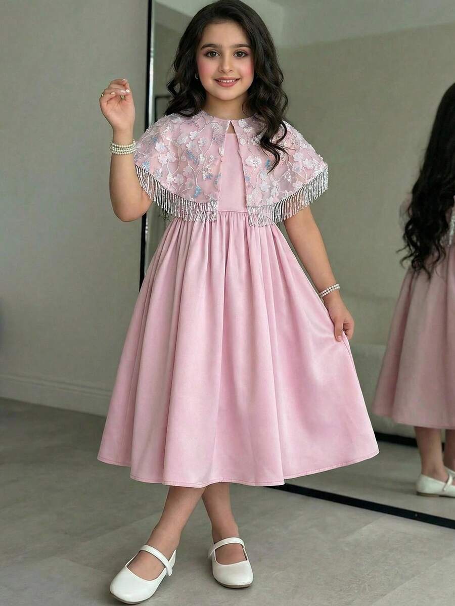 SHEIN Tween Girl Elegant Floral Beaded Fringe Poncho & Dress Set - Khaki - View 1