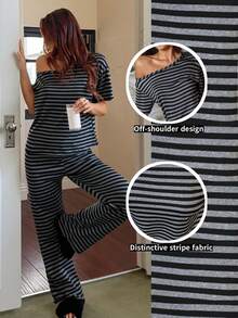 SHEIN Napfluff Women's Striped Knit Casual Off-Shoulder Pajama Set, Black & Grey - Dark Grey - View 2