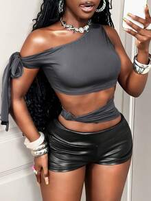 BamGleam Women's Grey Twist Cutout Shoulder Fitted T-Shirt,Summer Seksi Chic Night Out Club Solid Color Boho Plain Casual Spring Summer Holiday Vacation - Grey - View 4