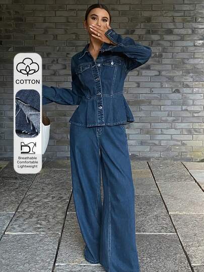 Livesso Women's Casual Denim Suit With Lapel, Ruffle Hem Top And Pants, Autumn