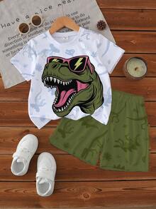 SHEIN Streecool Kids 一套男童休闲卡通恐龙图案短袖圆领T恤和短裤套装，适合春夏季外出、运动、上学穿着。 - 彩色 - 查看 3