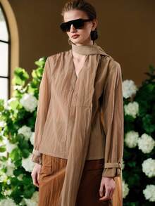 EMERY ROSE Áo sơ mi nữ tay dài cổ chữ V dáng rộng, chất liệu chiffon, kiểu dáng thanh lịch, thường ngày. - Cà phê nâu - Xem 6