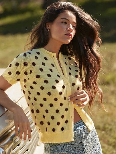 WESTFADE Polka Dot Crewneck Short Sleeve Button Front Relaxed Cardigan Sweater Spring, Resort Wear, Summer, Casual, Cute, Boho