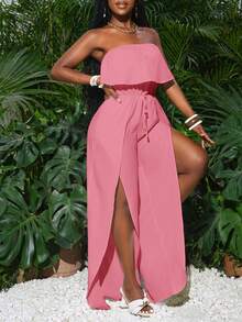 Slaydiva 新款休闲度假白色无肩带高开衩连体裤 - 淺粉色 - 查看 6