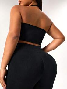 Rhythm Era 女士加大码无缝运动套装，黑色露背背心和七分紧身裤，适合瑜伽、健身和户外活动。 - 黑色 - 查看 4