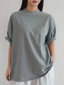 Dazy-Less 宽松休闲纯色简约短袖T恤女超大码T恤商务休闲女工作服 - 灰色 - 查看 2