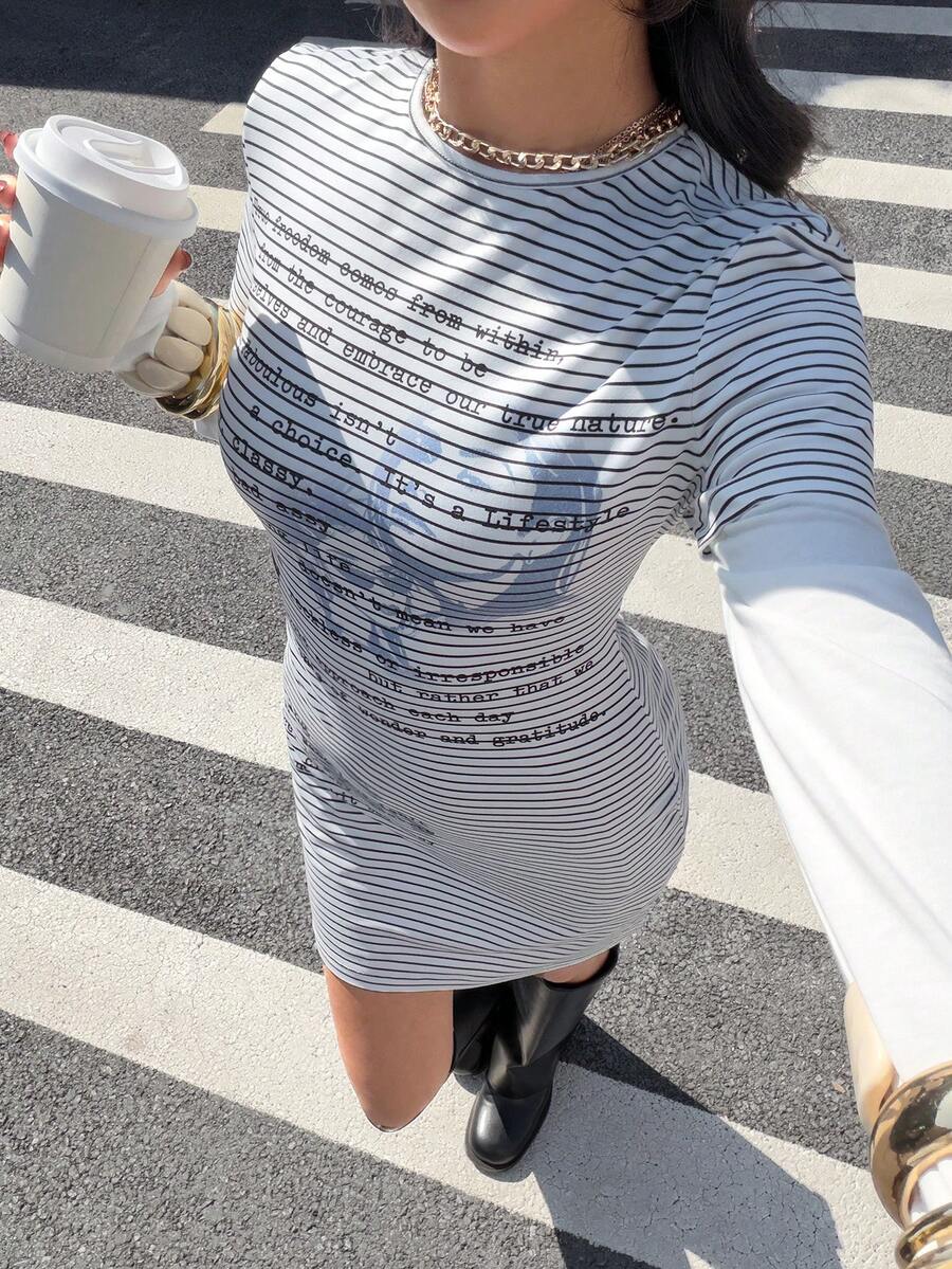 Muchica Women's New 2 In 1 Round Neck Striped Letter Print Mini Dress ,Casual Wear For Back To School ,Going Out, Streetwear, Y2K Clothes, Spring/Summer - Multicolor - View 1