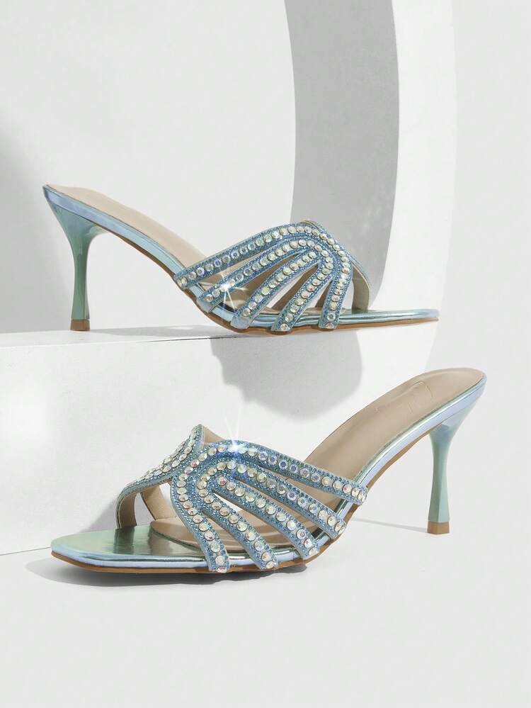 CUCCOO SZL Women's Fashion Square Toe Voltage Upper Rhinestone Decorative Stiletto Party Sandals Prom Heels Summer Shoes