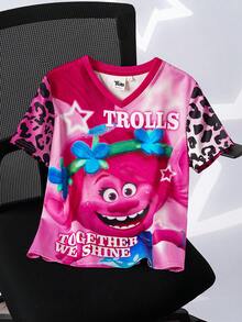 SHEIN Trolls Tween Girls' V-Neck Cartoon & Leopard Print Short Sleeve T-Shirt - Pink - View 1