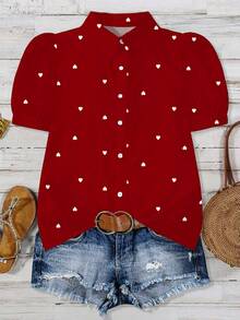 EMERY ROSE 情人节浪漫爱心印花休闲简约全翻领短袖加大码女式衬衫，情人节礼物，红色衬衫 - 彩色 - 查看 1