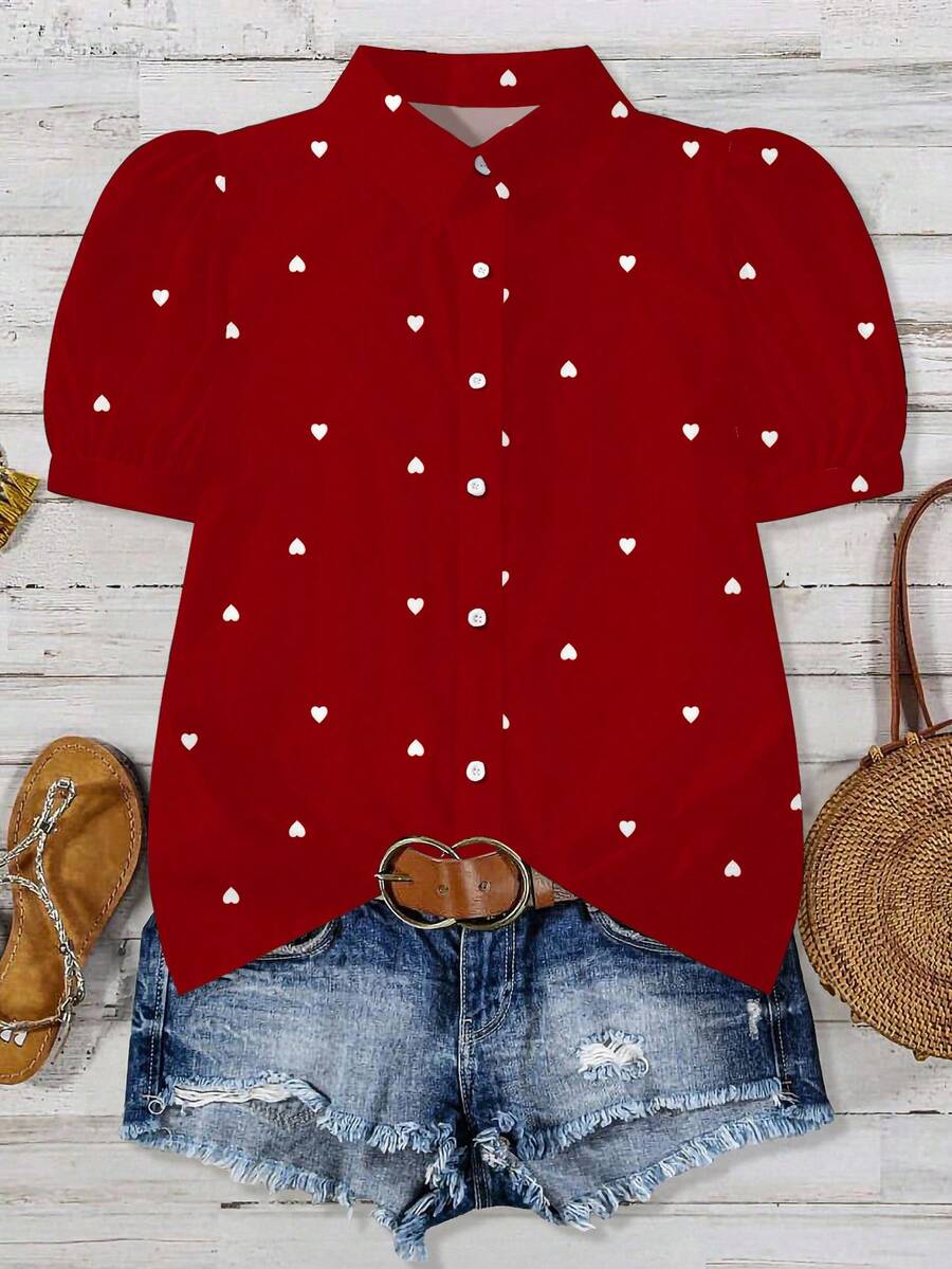 EMERY ROSE 情人节浪漫爱心印花休闲简约全翻领短袖加大码女式衬衫，情人节礼物，红色衬衫 - 彩色 - 查看 1