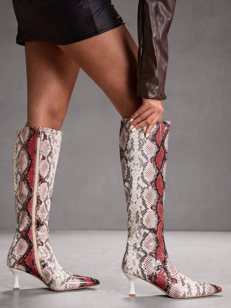 CUCCOO SZL Women's Fashion Pointed Toe Snakeskin Pattern Minimalist Elegant Versatile Side Zipper Stiletto Knee-High Boots For Christmas Valentine's Day