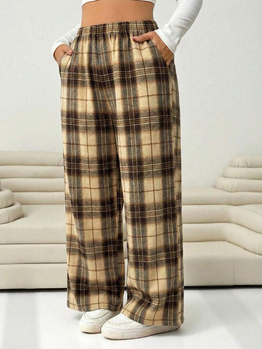 SHEIN EZwear 加大码女式黑白格子弹力腰带口袋阔腿休闲宽松裤，卡其色 - 卡其色 - 查看 1