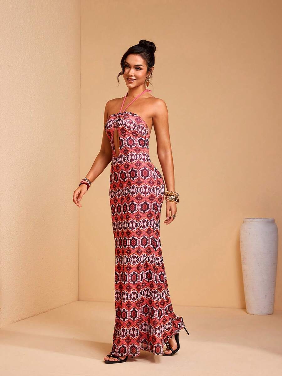JIAN LASALA Rochie maxi mulată cu imprimeu integral din plasă, decolteu halter, fără mâneci, bustier, decupat, pentru femei - Multicolor - Vizualizare 1