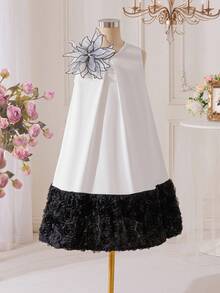 SHEIN Young Girl Woven Colorblock Round Neck Sleeveless 3D Floral Casual Dress - Multicolor - View 10