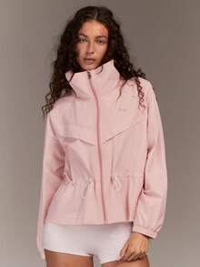 Fluxe Premium Quality Women's Long Sleeve Zip Front Drawstring Waist Casual Jacket, Lightweight Breathable Fabric, For Running Outdoor Sports - Pink - View 4