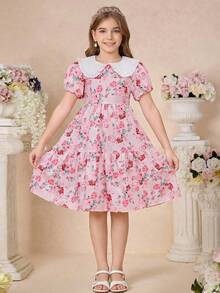 SHEIN Tween Girl Floral Print Peter Pan Collar Short Petal Sleeve Cute Dress - Pink - View 1