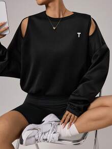 Dewbera Women's Letter Print Off-Shoulder Loose Fit Long Sleeve Sweatshirt - Black - View 3