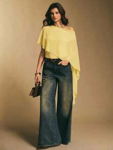 Poéselle Women's Solid Color Poncho Design Elegant Bodysuit - Yellow - View 2