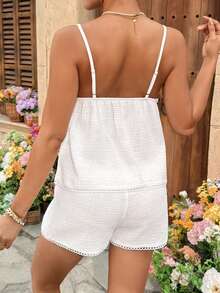 SHEIN Maternity Vacation Solid Color Ruffle Hem Camisole & Shorts 2 Pieces Set Summer White 2 Pieces Summer Holiday Outfits - White - View 6
