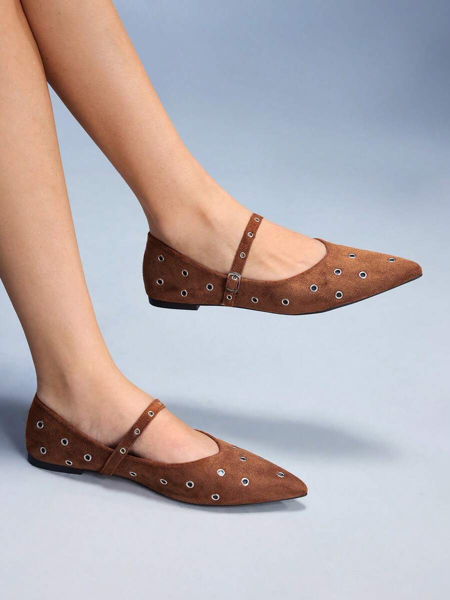 CUCCOO GRLICON Women's Rivet Decor Buckle Pointed Toe Flat Shoes Valentine's Day - Brown - View 1