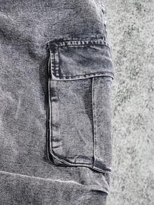 Manfinity ZONE917 宽松男式翻盖口袋和侧面板工装牛仔裤（不含腰带） - 灰色 - 查看 2