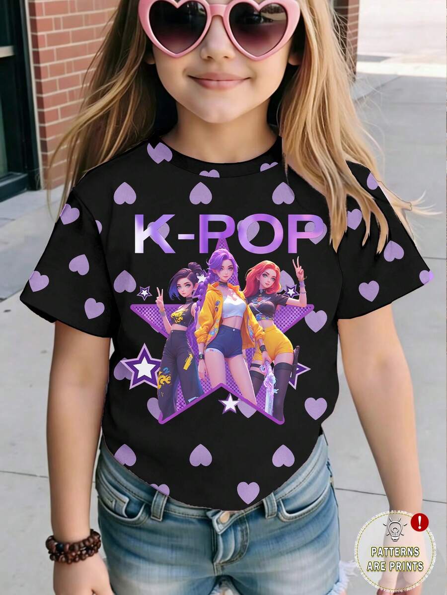 Toddler Girls' Casual Comfortable Elegant Cute, Girl Group Heart & Letter Print Round Neck Short Sleeve T-Shirt - Multicolor - View 1