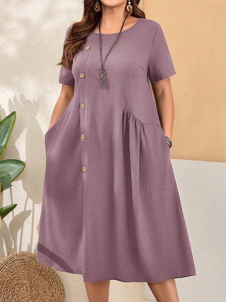 Plus Size Women'S Loose Fit Buttoned Short Sleeves Round Neck Pocket Green Dress With Side Slits For Spring Vacation Outfits Women Holiday Outfits For Women Beach Vacation Outfits For Women Summer Dresses  Spring Break Outfits Plus Size Dress With Pockets Plus Casual Dress Bohemian