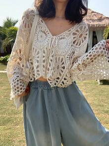 FRIFUL Women's Summer Vacation Crochet Tie-Front Cardigan - Beige - View 4