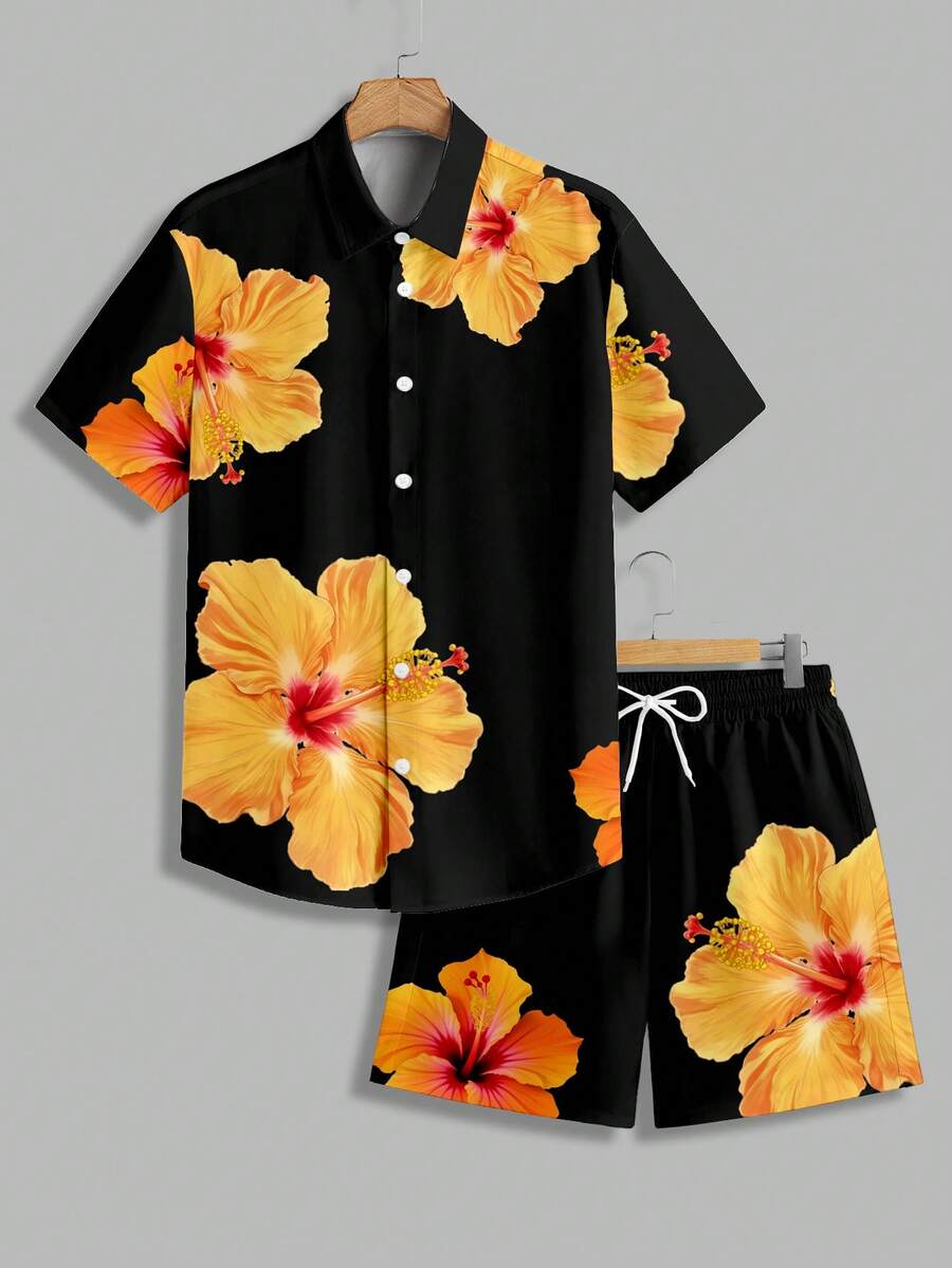 VIVINTIMO Men's Hibiscus Floral Print Vacation Style Shirt Set - Black - View 1
