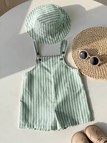 SHEIN Bộ 2 món cho bé trai/bé gái, gồm yếm ăn và mũ tai bèo kẻ sọc xanh trắng, trang phục thường ngày cho ở nhà, đi chơi hoặc đi biển. - Nhiều màu - Xem 5