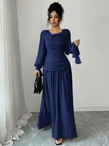 Elenzga Elegancka sukienka damska z szyfonu z falbaniastym kołnierzem, rękawami typu latarnia, wiązaniem w talii, odpowiednia na oficjalne okazje, takie jak koktajl party, bal maturalny, wesele, Halloween, Boże Narodzenie, Święto Narodowe, Nowy Rok - Granatowy - Zobacz 3