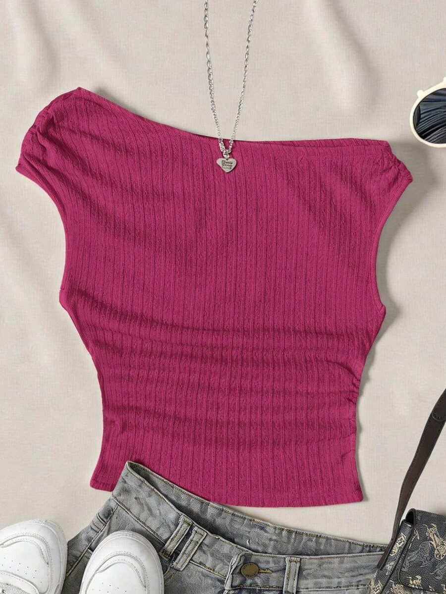 SHEIN 少女休闲不对称肩部纹理面料T恤 - 玫紅色 - 查看 1