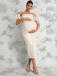 MaterniChic 孕妇纯色露肩修身优雅连衣裙 - 杏色 - 查看 4