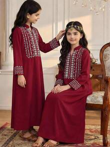 SHEIN Tween Girl Graphic Print Notched Neck Long Sleeve Casual Dress - Burgundy - View 2