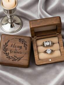 “永恒挚爱”胡桃木戒指盒，结婚订婚礼物，送给他的/她的礼物，小巧方形珠宝礼盒，周年纪念求婚纪念品 - 棕色-04 - 查看 4
