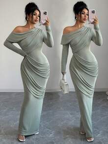 SHEIN Raffinéa 女士优雅浪漫绿色不对称肩部褶皱装饰腰部修身长袖连衣裙，秋冬款 - 薄荷綠 - 查看 3