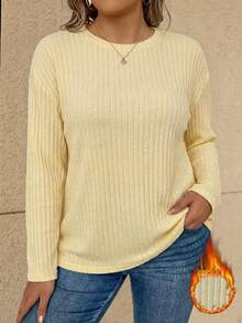 SHEIN Plus Size Solid Color Ribbed Long Sleeve T-Shirt, Casual & Versatile, Autumn/Winter Light Yellow Top Butter Yellow Top Ribbed Sweater Yellow Ribbed Top Ribbed Shirt Yellow Sweater Sweaters For Women - Light Yellow - View 4