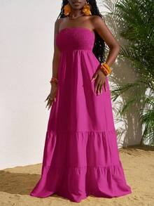 Slaydiva Women's Solid Color Ruffle Trim Off-Shoulder Maxi Dress, Vacation Wrap Around Dresses For Ladies Talk Zanzea Women Wow Dresses,Summer - Red Violet - View 5