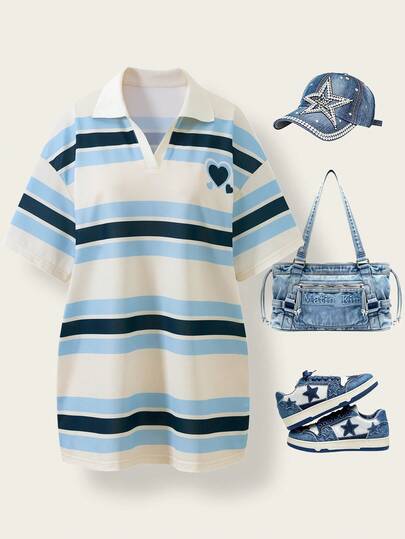 SHEIN Casuvi Kids Camiseta de manga corta con cuello en V y rayas para adolescentes, de corte holgado, de estilo deportivo y casual, versátil para combinar con shorts, faldas y pantalones