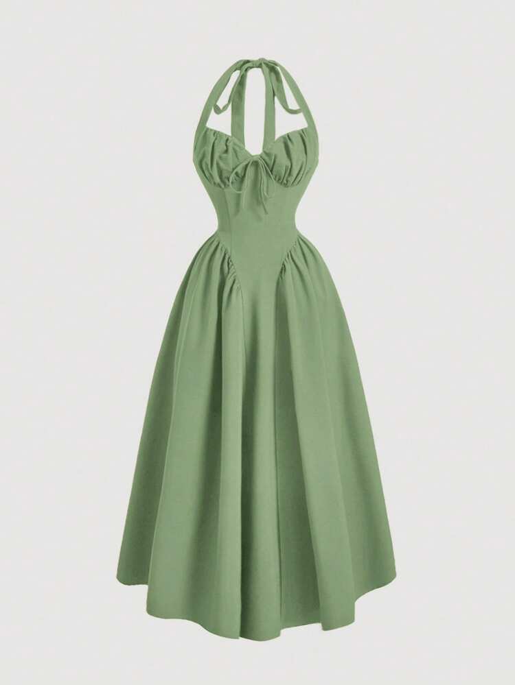 Women's Halter Neck Ruched Bow Swing Dress, Red Color Party Women Outfits,New  Years Eve Outfit,Masquerade Ball Dress,Birthday Women Outfits,Sexy Red Dress ,Dress With Bow Dress,Princess Women Dress For New Year Sage Dress Tea