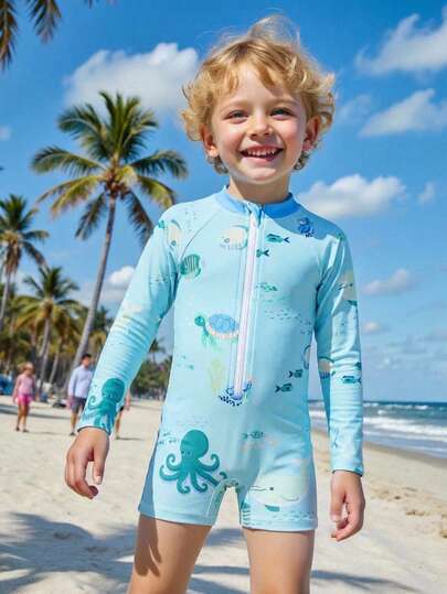 Traje de baño de una pieza con estampado de animales marinos y cierre de media cremallera frontal, estilo de vacaciones en la playa para niño pequeño