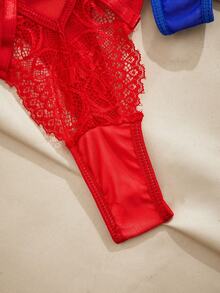 Charlaine 3pcs/Set Women Lace Trim Metal Buckle Thong Panties, Black, Red, Blue - Multicolor - View 4