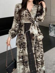 DAZY Women's Tie-Dye Overlap V-Neck Lantern Sleeve Elegant Mid-Length Dress - Multicolor - View 6