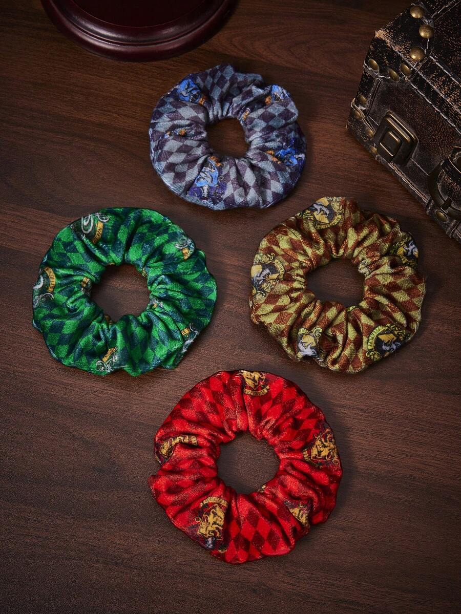 HARRY POTTER X SHEIN 4个菱形四院徽章图案毛绒发圈 - 彩色 - 查看 1