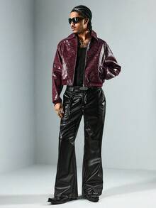 ROMWE MEN Essentials 男士纯色PU皮革口袋阔腿裤 - 黑色 - 查看 2