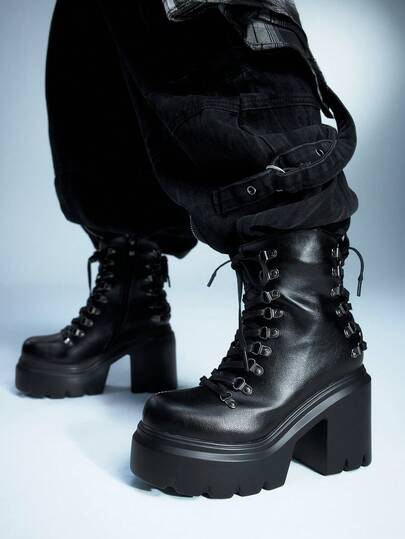 Sugerpunk 女士厚底系带时尚日常高跟踝靴